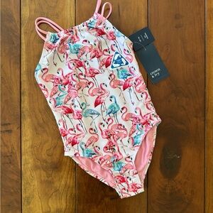 Crown & Ivy Pink and Blue One Piece Swimsuit with Flamingo Print